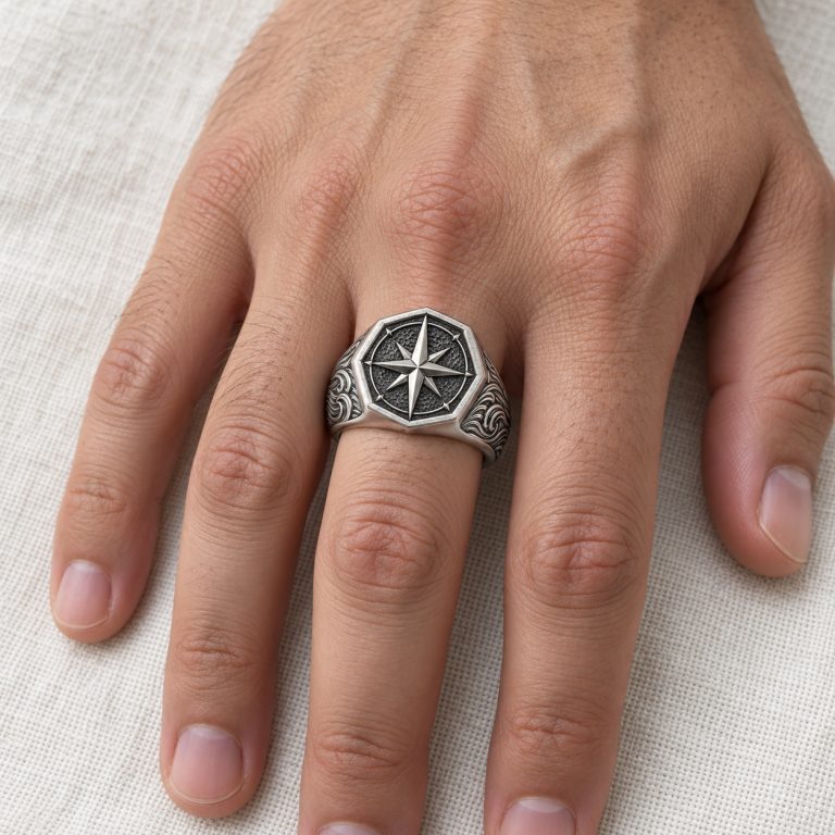 Compass rose signet ring shown on a hand