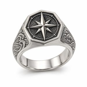 Silver-tone compass rose signet ring with textured detailing