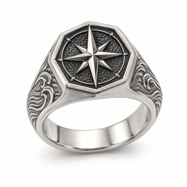 Silver-tone compass rose signet ring with textured detailing