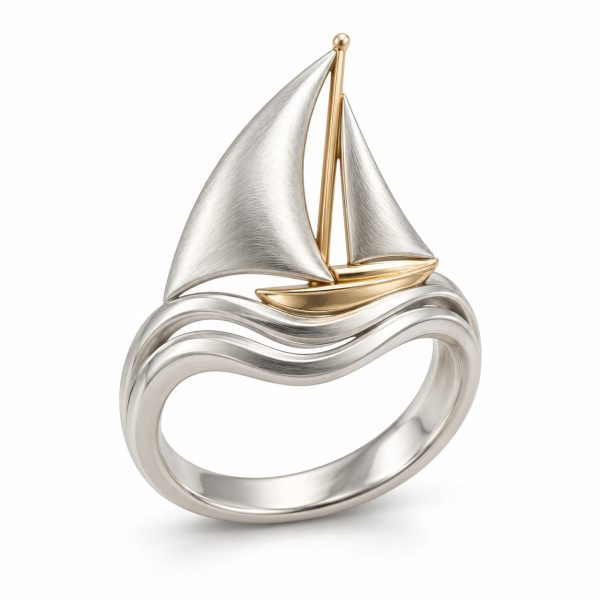 Sailboat ring with silver-tone sails and a gold-tone mast