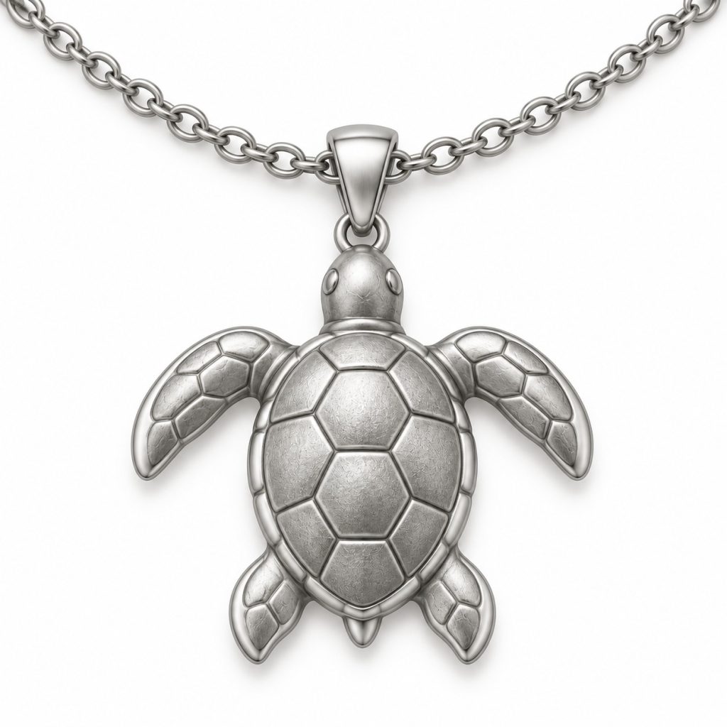 Silver-tone sea turtle pendant with a textured shell suspended from a cable chain