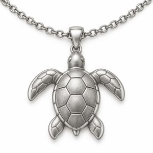 33 stainless-steel-sea-turtle-pendant 2_1 Silver-tone sea turtle pendant with a textured shell suspended from a cable chain