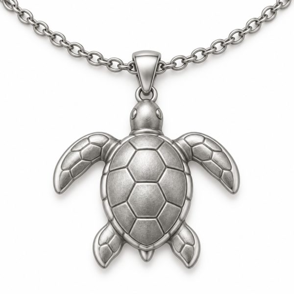 Silver-tone sea turtle pendant with a textured shell suspended from a cable chain