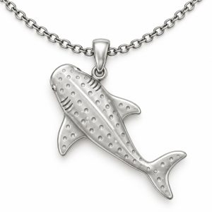 Silver-tone whale shark pendant with a spotted back and sculpted fins on a cable chain