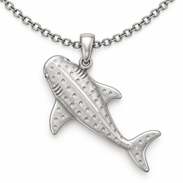Silver-tone whale shark pendant with a spotted back and sculpted fins on a cable chain