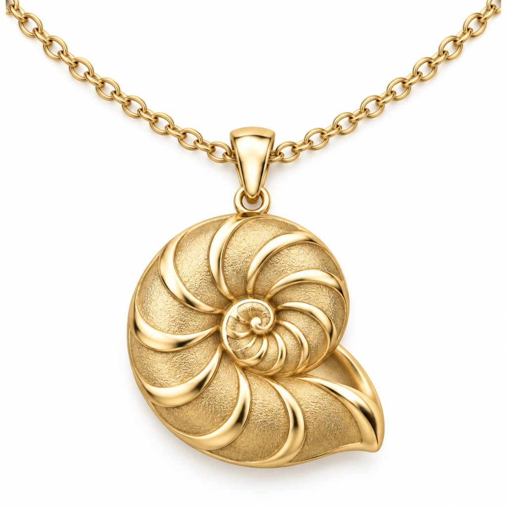 Gold-tone nautilus shell pendant with raised spiral ribs and textured recessed panels