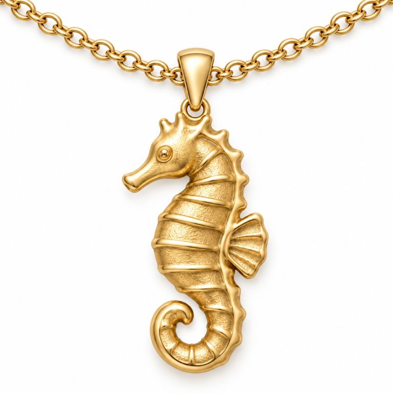Gold-tone seahorse pendant with a segmented body, recessed eye and short curled tail