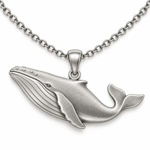 Silver-tone humpback whale pendant with a curved body, textured back and defined throat grooves