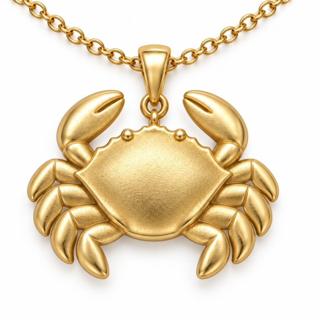 Gold-tone crab pendant with raised claws, a textured shell and compact sculpted legs