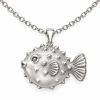 Silver-tone pufferfish pendant with a rounded textured body and a sculpted fan tail
