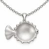 Silver-tone pufferfish pendant with a rounded textured body and a sculpted fan tail