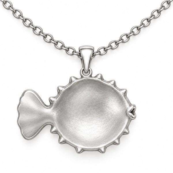 Silver-tone pufferfish pendant with a rounded textured body and a sculpted fan tail