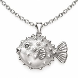 Silver-tone pufferfish pendant with a rounded textured body and a sculpted fan tail