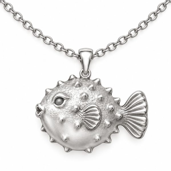 Silver-tone pufferfish pendant with a rounded textured body and a sculpted fan tail