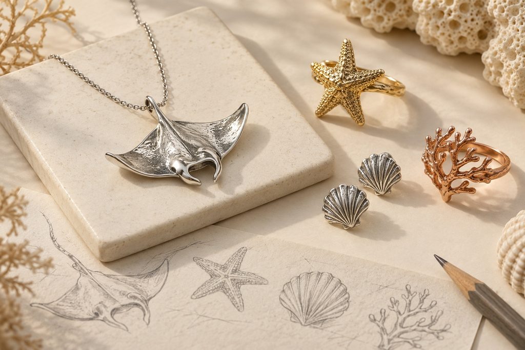Ocean-inspired jewelry design concepts with manta ray, starfish, shell and coral motifs