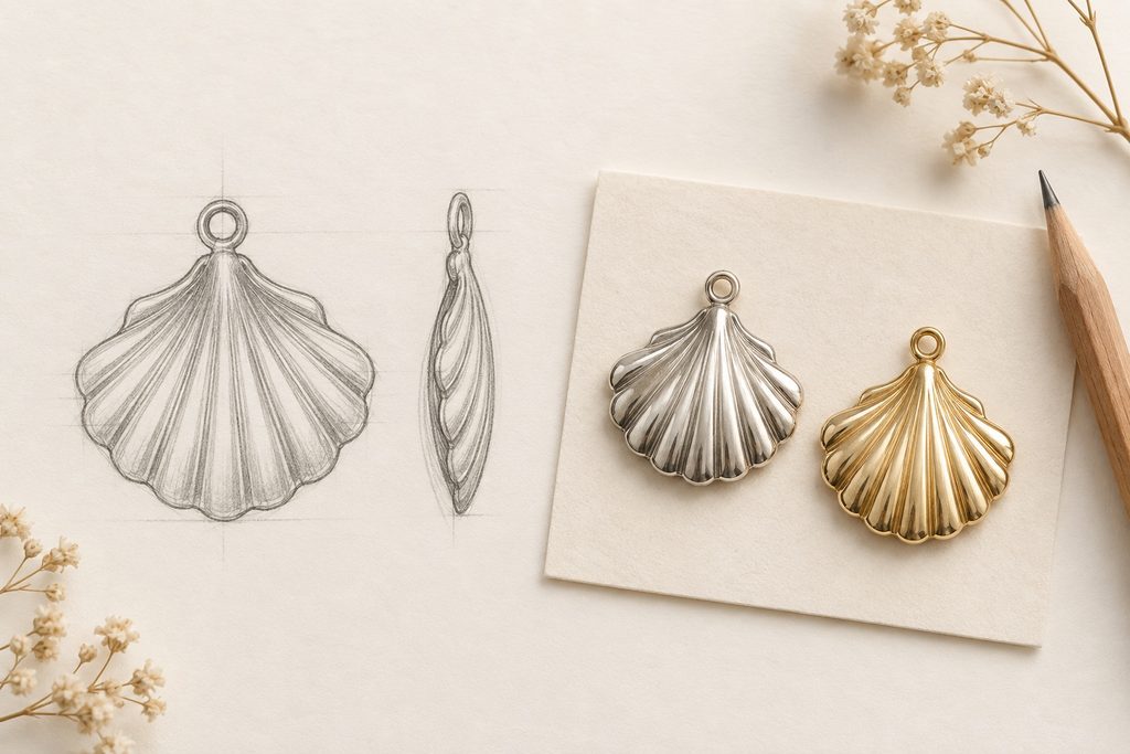 Scallop-shell pendant design sketch with silver-tone and gold-tone concept renderings