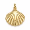 Gold-tone scallop shell pendant with raised fan-shaped ridges and a scalloped edge on a white background.