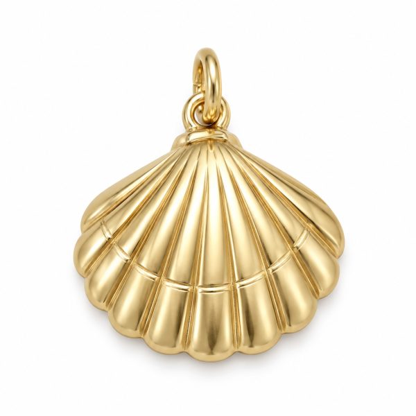 Gold-tone scallop shell pendant with raised fan-shaped ridges and a scalloped edge on a white background.