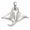 Silver-tone manta ray pendant with sweeping wings and a curled tail on a white background.