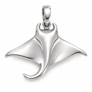 Silver-tone manta ray pendant with sweeping wings and a curled tail on a white background.
