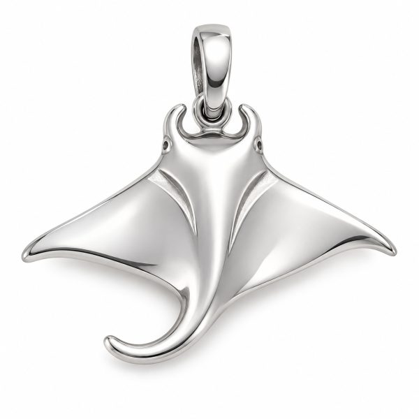 Silver-tone manta ray pendant with sweeping wings and a curled tail on a white background.
