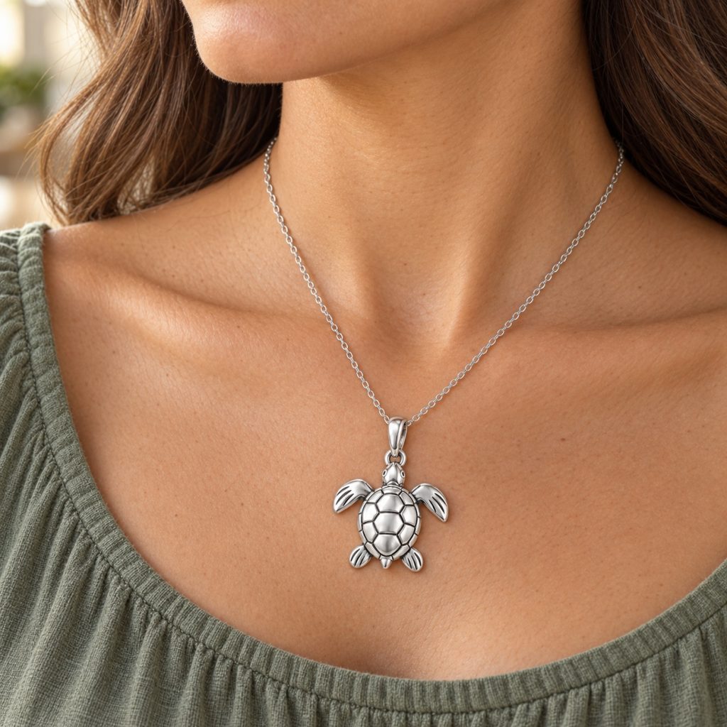 Woman wearing a silver-tone sea turtle pendant on a fine chain above a sage green neckline.