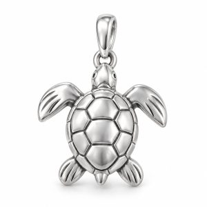 Silver-tone sea turtle pendant with a domed patterned shell and sculpted flippers on a white background.