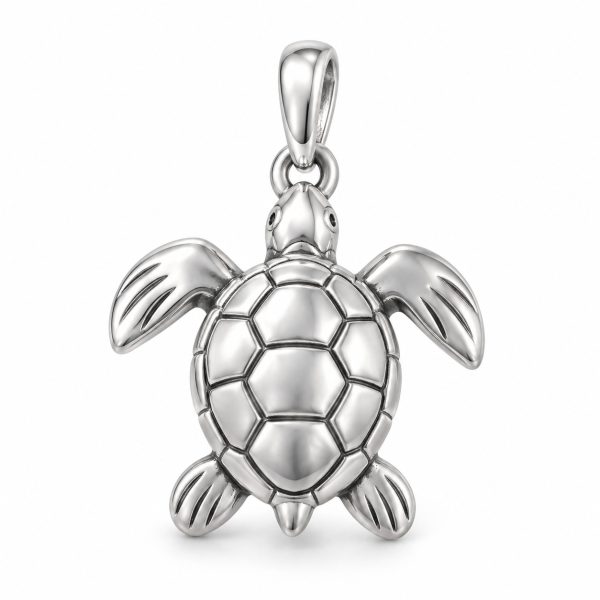 Silver-tone sea turtle pendant with a domed patterned shell and sculpted flippers on a white background.