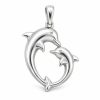 Silver-tone double dolphin pendant with two curved dolphins forming an open silhouette on a white background.