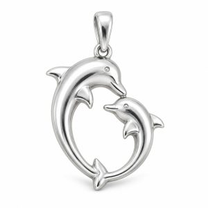 Silver-tone double dolphin pendant with two curved dolphins forming an open silhouette on a white background.