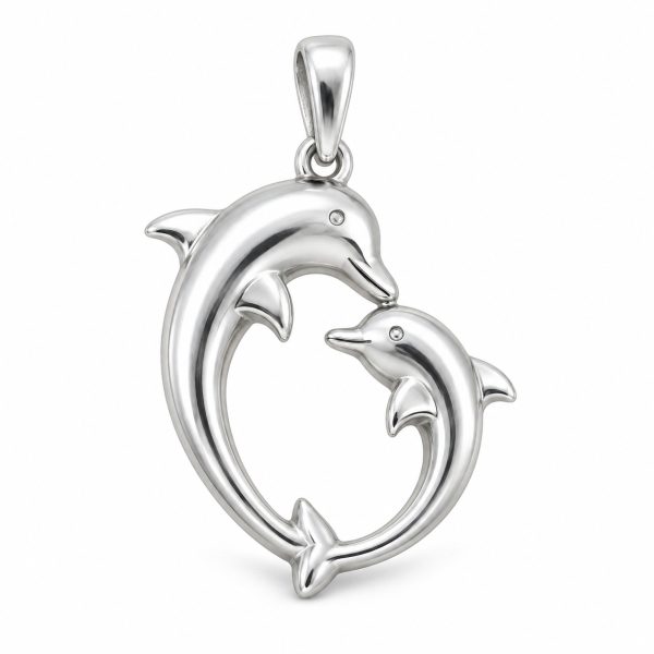 Silver-tone double dolphin pendant with two curved dolphins forming an open silhouette on a white background.