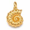 Gold-tone ammonite pendant with a coiled spiral and raised radial ribs on a white background.