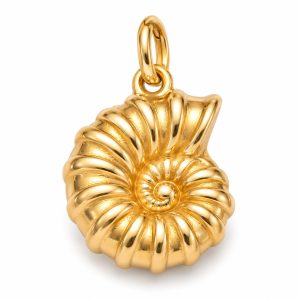 Gold-tone ammonite pendant with a coiled spiral and raised radial ribs on a white background.