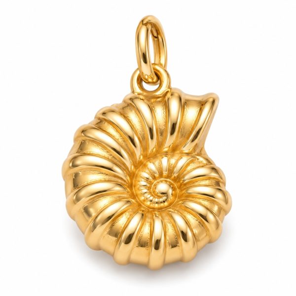 Gold-tone ammonite pendant with a coiled spiral and raised radial ribs on a white background.
