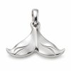Silver-tone whale tail pendant with sweeping flukes and curved surface lines on a white background.