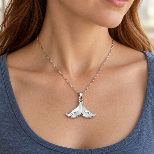 Woman wearing a silver-tone whale tail pendant on a fine chain with a slate blue top.