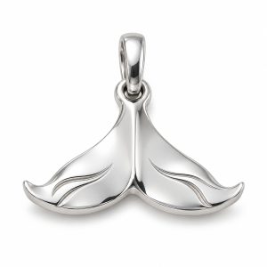 Silver-tone whale tail pendant with sweeping flukes and curved surface lines on a white background.