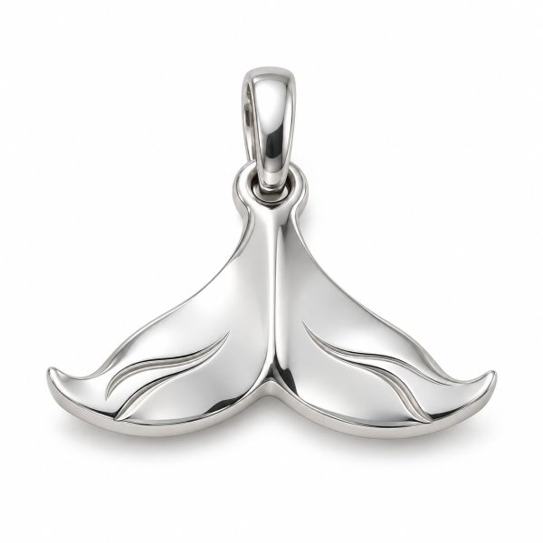 Silver-tone whale tail pendant with sweeping flukes and curved surface lines on a white background.