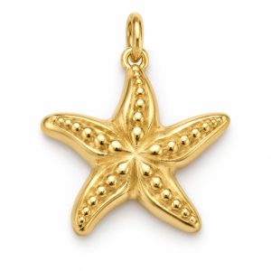 Gold-tone five-arm starfish pendant with raised bead-like metal details on a white background.