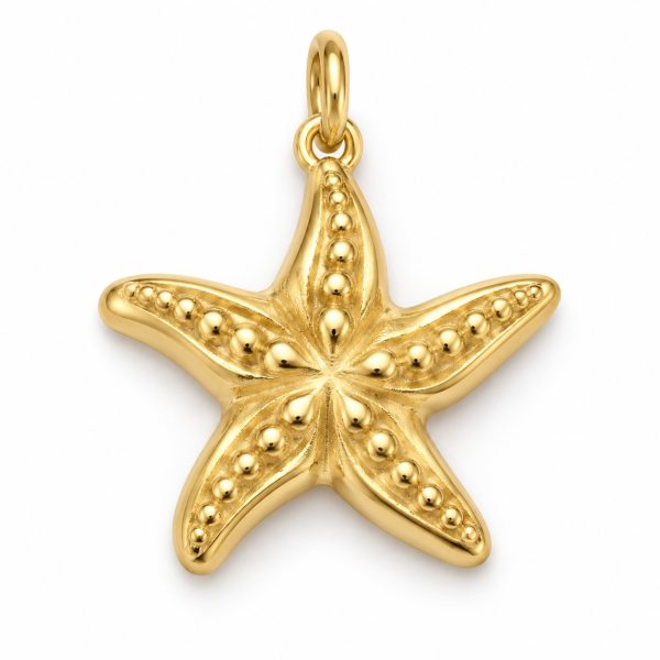 Gold-tone five-arm starfish pendant with raised bead-like metal details on a white background.