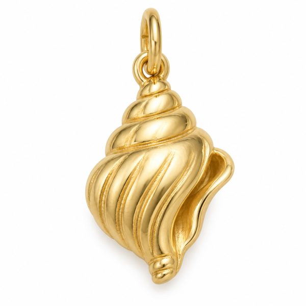 Gold-tone conch shell pendant with a tapered spiral, curved ridges and a flared lip on a white background.