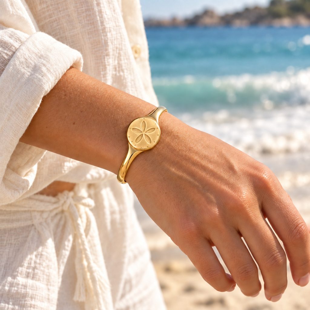 Gold-tone sand dollar open cuff bracelet with a five-petal centerpiece and smooth tapered band on a white background