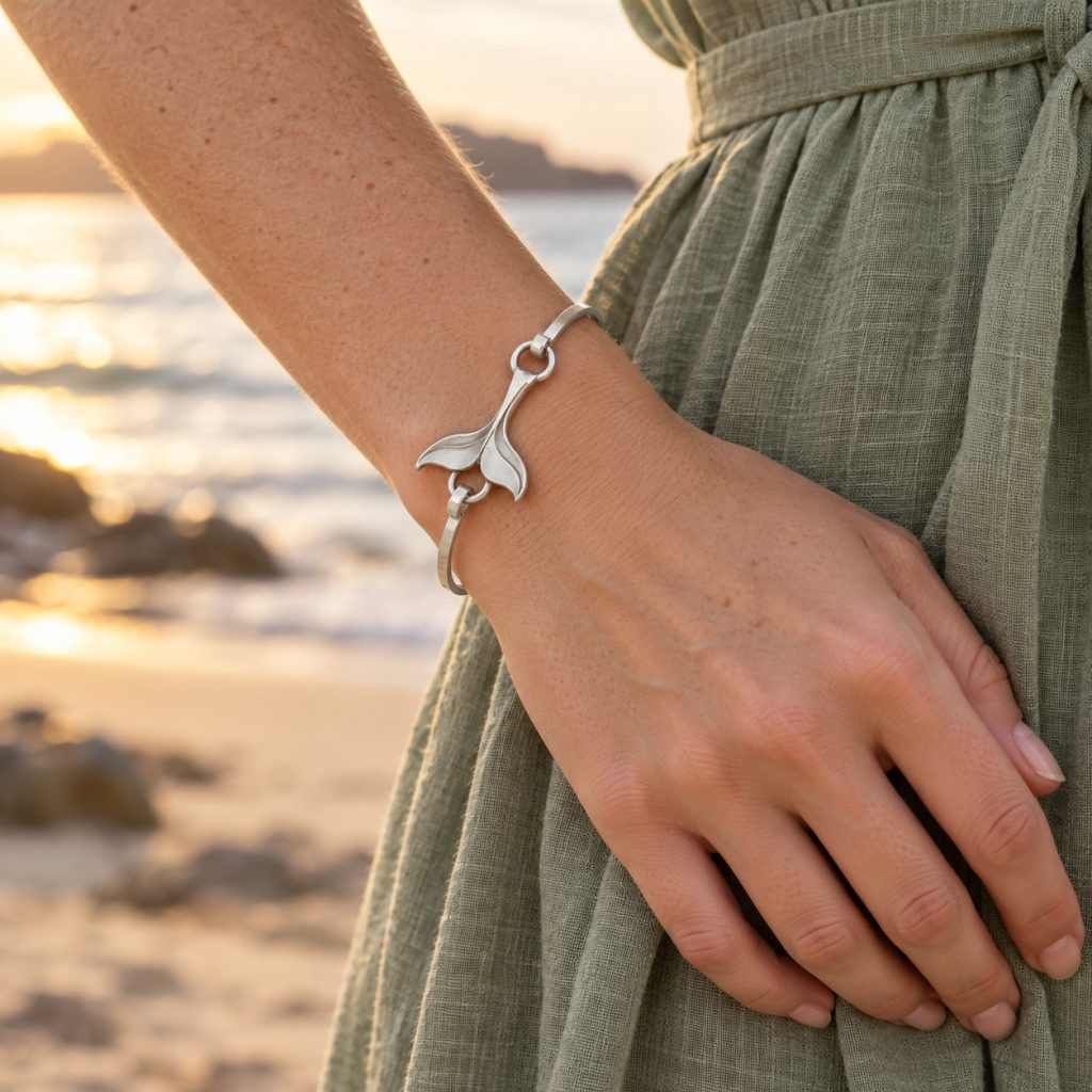 Silver-tone whale tail bangle with sculpted flukes, a slim oval band and hook-and-ring connections on white