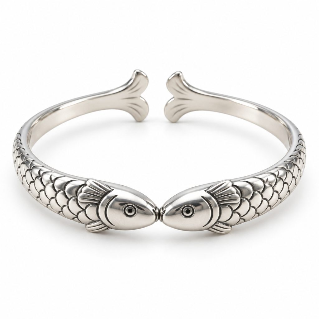 Silver-tone cuff with two fish meeting mouth to mouth, scale-textured bodies and a rear opening between their tails