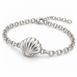 Silver-tone scallop shell chain bracelet with a raised ribbed shell centerpiece, oval links, lobster clasp and extension chain on a white background