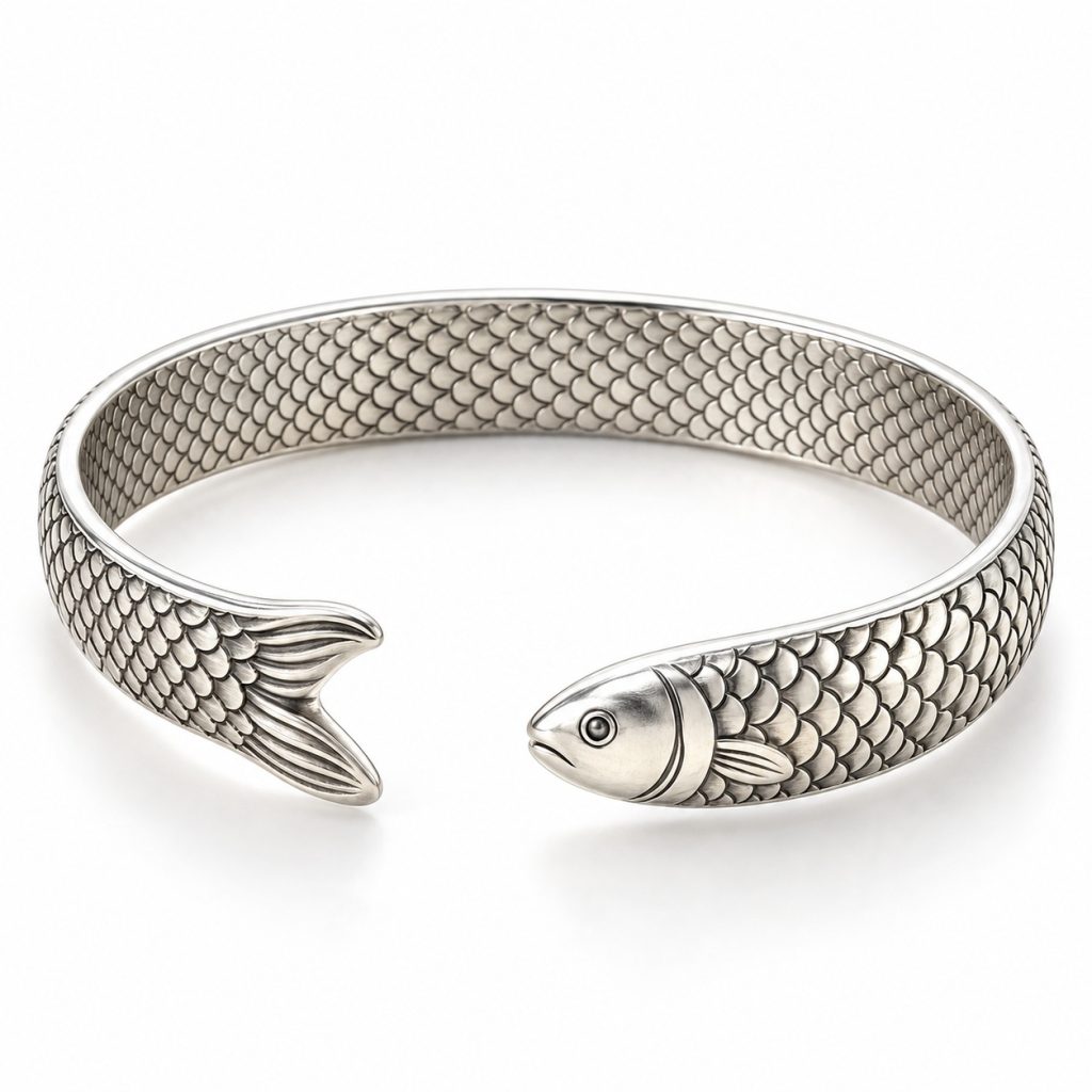 Silver-tone fish scale cuff bracelet with a sculpted fish head and forked tail facing across the front opening on a white background