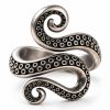Silver-tone octopus tentacle ring with two curled ends and circular sucker details on a white background