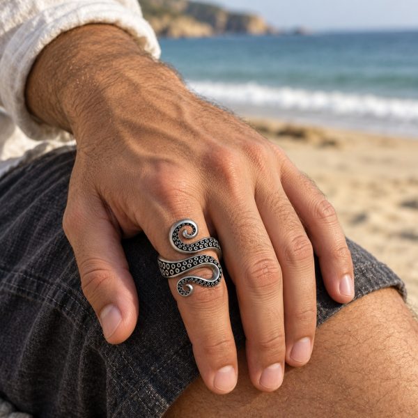 Silver-tone double-curl octopus tentacle ring worn on a finger, showing its spiral ends and textured details