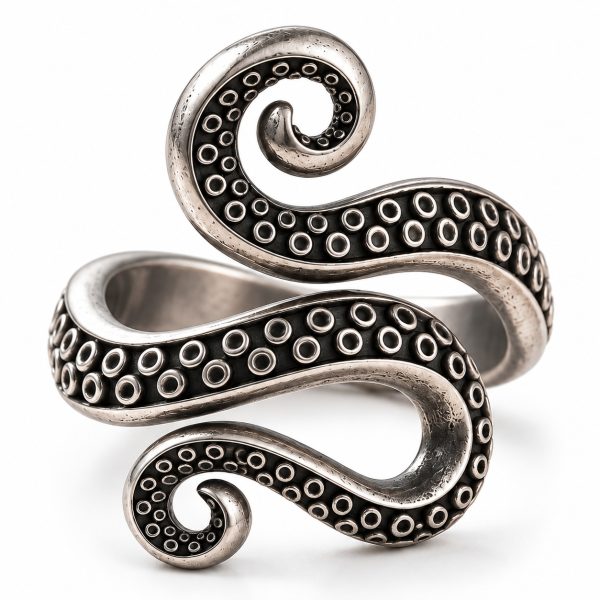 Silver-tone octopus tentacle ring with two curled ends and circular sucker details on a white background