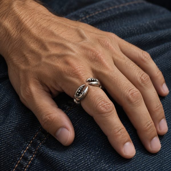 Silver-tone crab claw ring worn on a finger, showing the two pincers and open-front design